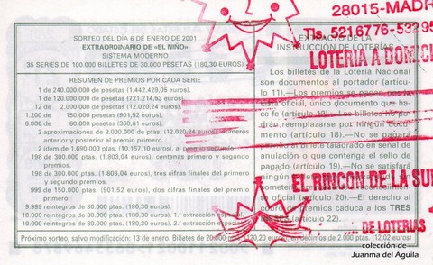 Reverso décimo de Lotería 2001 / 2