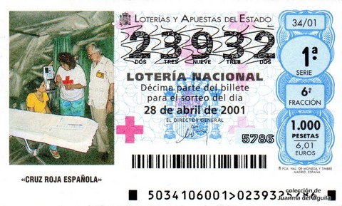 Décimo de Lotería Nacional de 2001 Sorteo 34 - «CRUZ ROJA ESPAÑOLA»