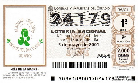 Décimo de Lotería Nacional de 2001 Sorteo 36 - «DÍA DE LA MADRE»