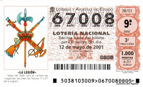 Décimo de Lotería Nacional de 2001 Sorteo 38 - «LA LEGIÓN»