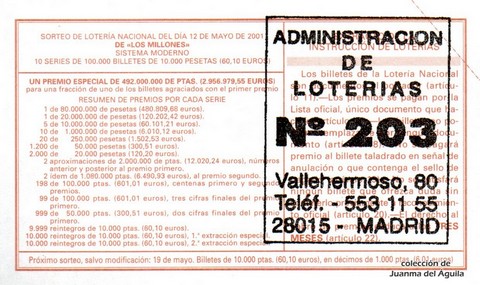 Reverso décimo de Lotería 2001 / 38