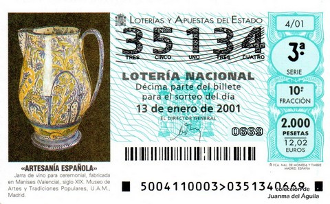 Décimo de Lotería Nacional de 2001 Sorteo 4 - «ARTESANÍA ESPAÑOLA» - JARRA DE VINO PARA CEREMONIAL