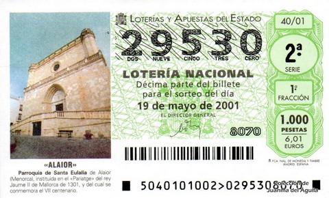 Décimo de Lotería Nacional de 2001 Sorteo 40 - «ALAIOR»
