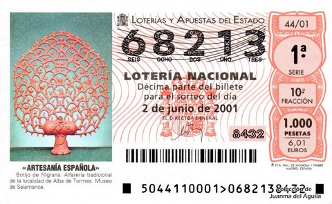 Décimo de Lotería Nacional de 2001 Sorteo 44 - «ARTESANÍA ESPAÑOLA» - BOTIJO DE FILIGRANA