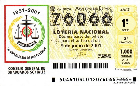 Décimo de Lotería Nacional de 2001 Sorteo 46 - CONSEJO GENERAL DE GRADUADOS SOCIALES