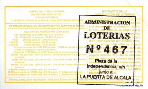 Reverso décimo de Lotería 2001 / 46