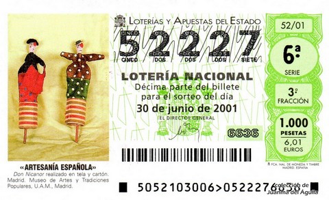Décimo de Lotería Nacional de 2001 Sorteo 52 - «ARTESANÍA ESPAÑOLA» - DON NICANOR