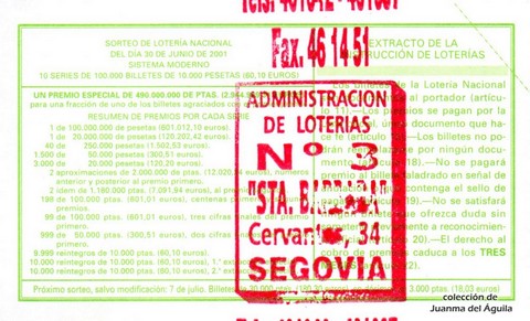 Reverso del décimo de Lotería Nacional de 2001 Sorteo 52