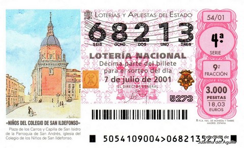 Décimo de Lotería Nacional de 2001 Sorteo 54 - «NIÑOS DEL COLEGIO DE SAN ILDEFONSO»