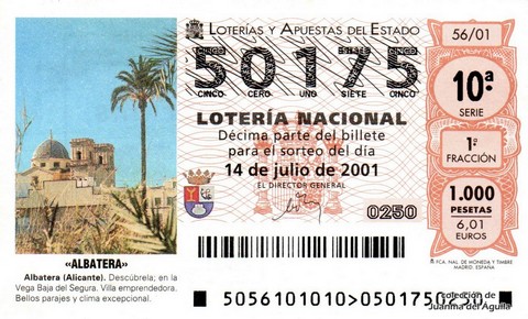 Décimo de Lotería Nacional de 2001 Sorteo 56 - «ALBATERA»
