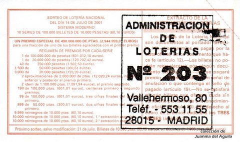 Reverso décimo de Lotería 2001 / 56