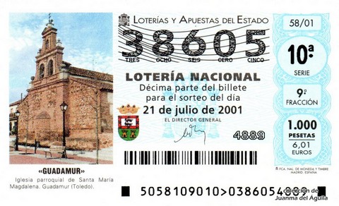 Décimo de Lotería Nacional de 2001 Sorteo 58 - «GUADAMUR»