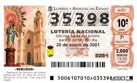 Décimo de Lotería Nacional de 2001 Sorteo 6 - «BENEJÚZAR»