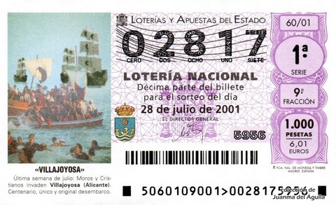 Décimo de Lotería Nacional de 2001 Sorteo 60 - «VILLAJOYOSA»