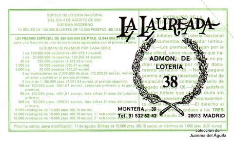 Reverso décimo de Lotería 2001 / 62
