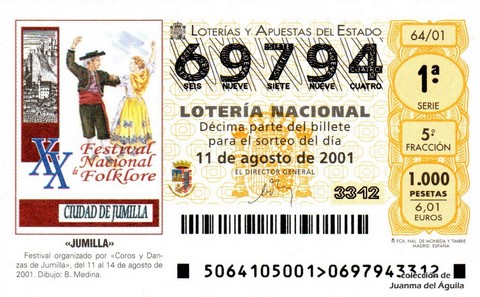 Décimo de Lotería Nacional de 2001 Sorteo 64 - «JUMILLA»