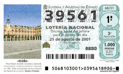 Décimo de Lotería Nacional de 2001 Sorteo 68 - «OCAÑA»