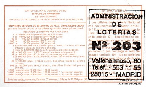 Reverso décimo de Lotería 2001 / 6