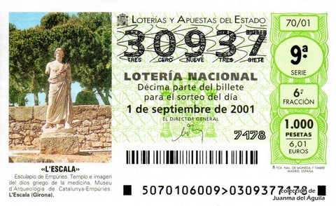 Décimo de Lotería Nacional de 2001 Sorteo 70 - «L' ESCALA»