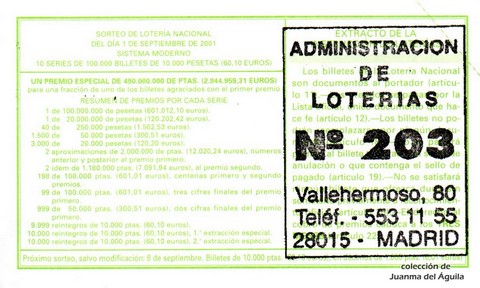 Reverso décimo de Lotería 2001 / 70