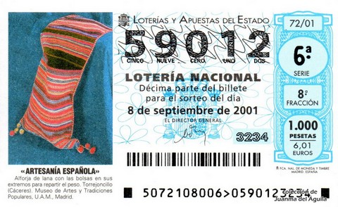 Décimo de Lotería Nacional de 2001 Sorteo 72 - «ARTESANÍA ESPAÑOLA» - ALFORJA DE LANA