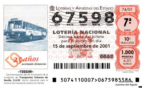 Décimo de Lotería Nacional de 2001 Sorteo 74 - «TUSSAM»