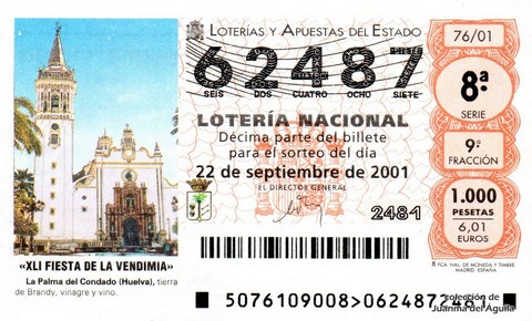Décimo de Lotería Nacional de 2001 Sorteo 76 - «XLI FIESTA DE LA VENDIMIA»