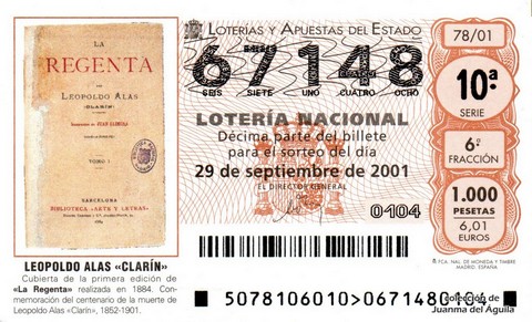 Décimo de Lotería Nacional de 2001 Sorteo 78 - LEOPOLDO ALAS «CLARÍN»