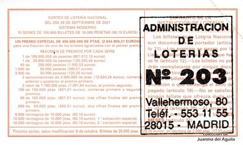Reverso del décimo de Lotería Nacional de 2001 Sorteo 78