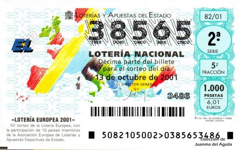 Décimo de Lotería Nacional de 2001 Sorteo 82 - «LOTERÍA EUROPEA 2001»