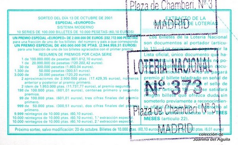 Reverso décimo de Lotería 2001 / 82
