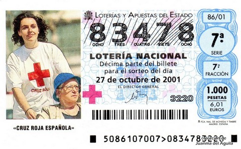 Décimo de Lotería Nacional de 2001 Sorteo 86 - «CRUZ ROJA ESPAÑOLA»