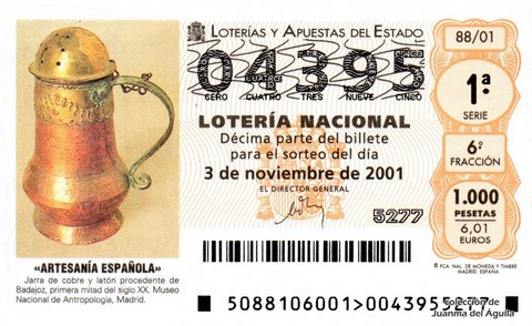Décimo de Lotería Nacional de 2001 Sorteo 88 - «ARTESANÍA ESPAÑOLA» - JARRA DE COBRE Y LATÓN