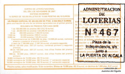 Reverso décimo de Lotería 2001 / 88
