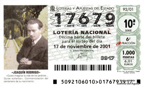 Décimo de Lotería Nacional de 2001 Sorteo 92 - «JOAQUÍN RODRIGO»