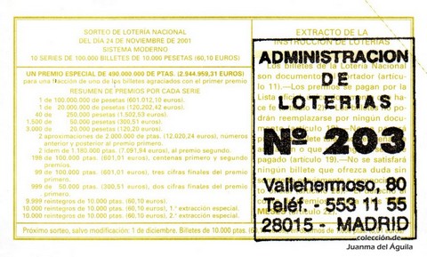 Reverso décimo de Lotería 2001 / 94