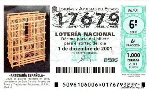 Décimo de Lotería Nacional de 2001 Sorteo 96 - «ARTESANÍA ESPAÑOLA» - JAULA DE PÁJAROS 