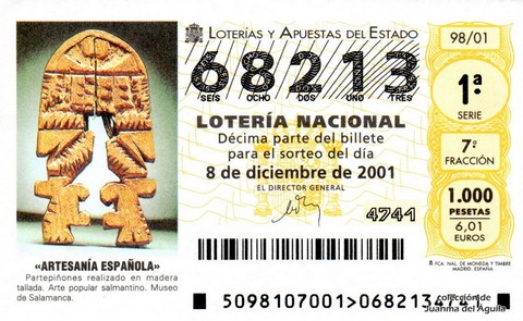 Décimo de Lotería Nacional de 2001 Sorteo 98 - «ARTESANÍA ESPAÑOLA» - PARTEPIÑONES