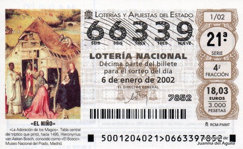 Décimo de Lotería Nacional de 2002 Sorteo 1 - «EL NIÑO»