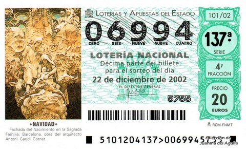 Décimo de Lotería Nacional de 2002 Sorteo 101 - «NAVIDAD»
