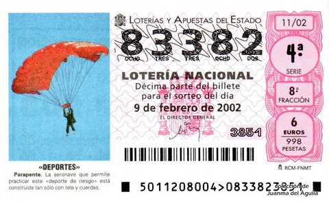 Décimo de Lotería Nacional de 2002 Sorteo 11 - «DEPORTES» - PARAPENTE