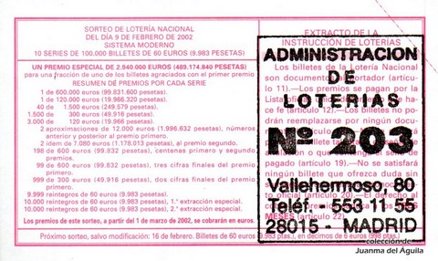 Reverso décimo de Lotería 2002 / 11