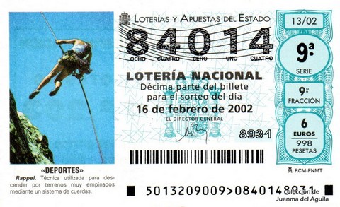 Décimo de Lotería Nacional de 2002 Sorteo 13 - «DEPORTES» - RAPPEL
