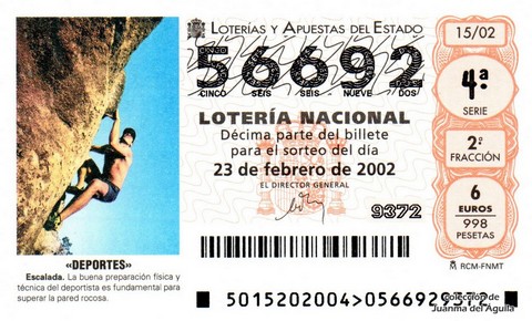 Décimo de Lotería Nacional de 2002 Sorteo 15 - «DEPORTES» - ESCALADA