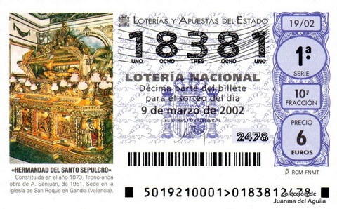 Décimo de Lotería Nacional de 2002 Sorteo 19 - «HERMANDAD DEL SANTO SEPULCRO»
