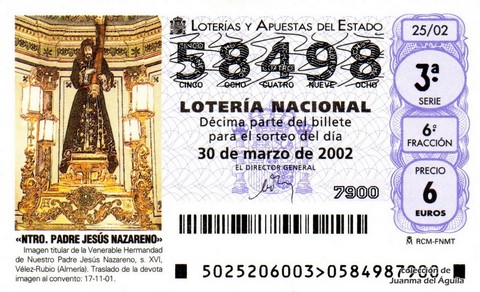 Décimo de Lotería Nacional de 2002 Sorteo 25 - «NTRO. PADRE JESÚS NAZARENO»