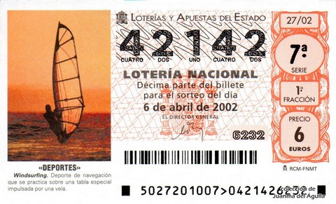 Décimo de Lotería Nacional de 2002 Sorteo 27 - «DEPORTES» - WINDSURFING