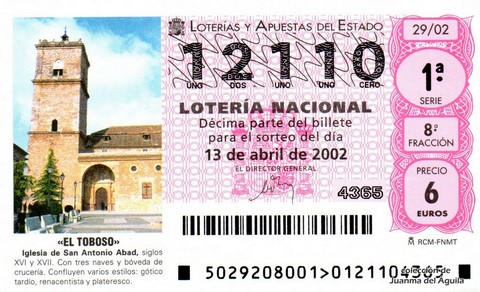 Décimo de Lotería Nacional de 2002 Sorteo 29 - «EL TOBOSO»