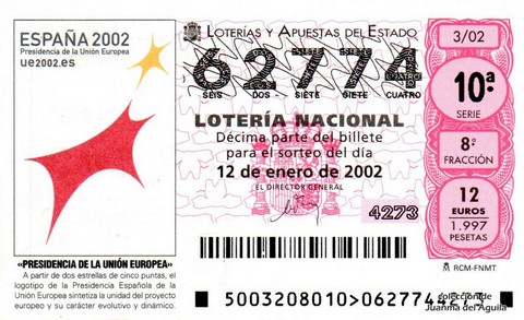 Décimo de Lotería Nacional de 2002 Sorteo 3 - «PRESIDENCIA DE LA UNIÓN EUROPEA»