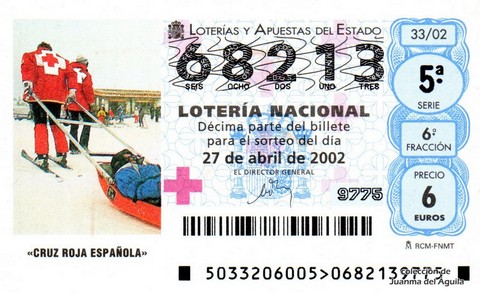 Décimo de Lotería Nacional de 2002 Sorteo 33 - «CRUZ ROJA ESPAÑOLA»